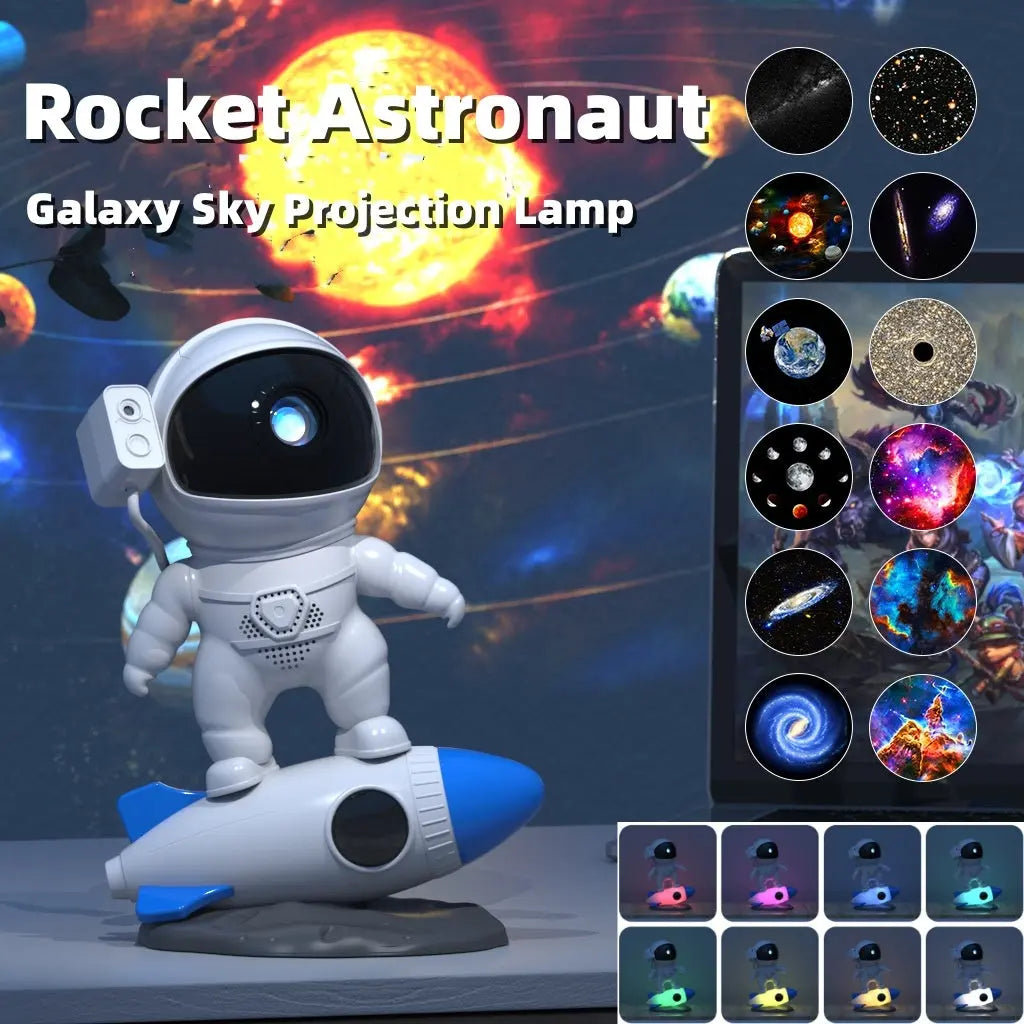 Rocket astronaut galaxy sky projection lamp showcasing colorful star patterns and cosmic designs for children's rooms.