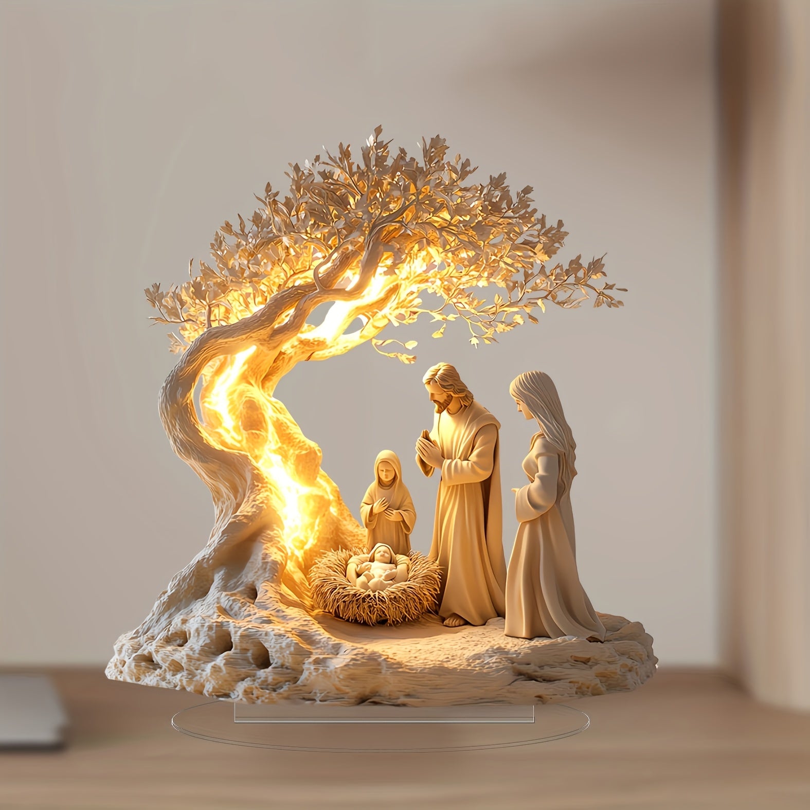 Classic acrylic nativity scene tabletop decor featuring illuminated figures among a tree, perfect for holiday decoration and gifting.