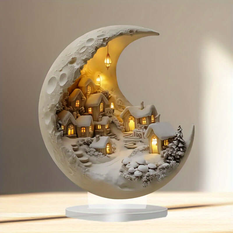 1pc Art Deco Acrylic Crescent Moon Scene with Moonlit Village - Unique Bohemian Style Snow Scenery Tabletop Decor, Light Gray Texture, Versatile for Home, Office, Coffee Shop - English Text, Collectible Decoration tableandwalllamps