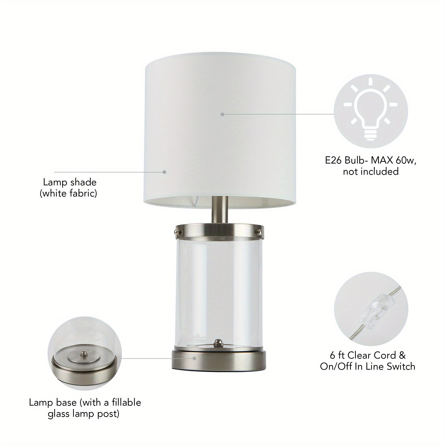 Modern Metal Table Lamp With White Fabric Shade In Brushed Nickel Finish With 2A USB Port tableandwalllamps