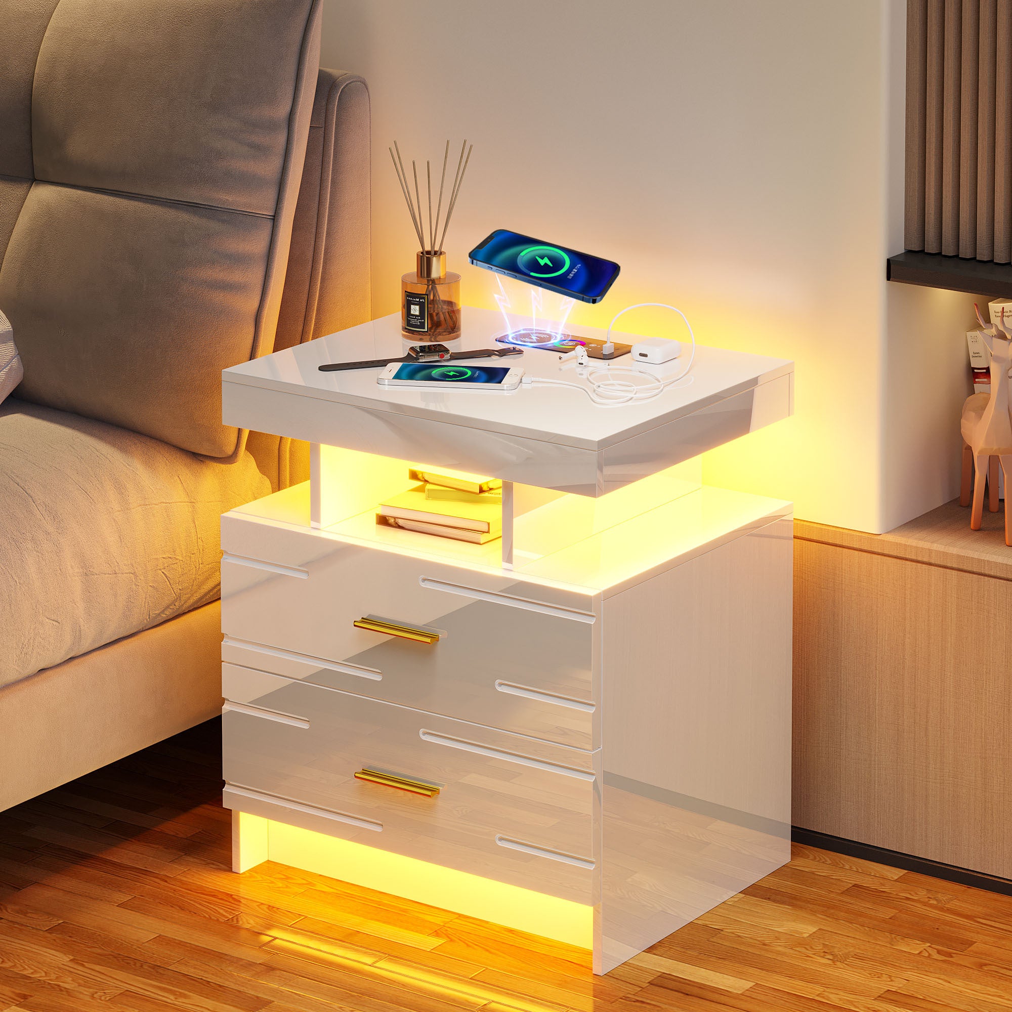 HWB LED Nightstand with Motion Sensor Lights, Modern Bedside Table with Wireless Charging Station, Smart Night Stand with Drawers/ RGB Lights, High Gloss Bed Side Table for Bedroom/ Living Room tableandwalllamps