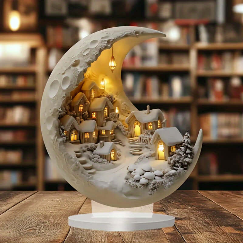 1pc Art Deco Acrylic Crescent Moon Scene with Moonlit Village - Unique Bohemian Style Snow Scenery Tabletop Decor, Light Gray Texture, Versatile for Home, Office, Coffee Shop - English Text, Collectible Decoration tableandwalllamps