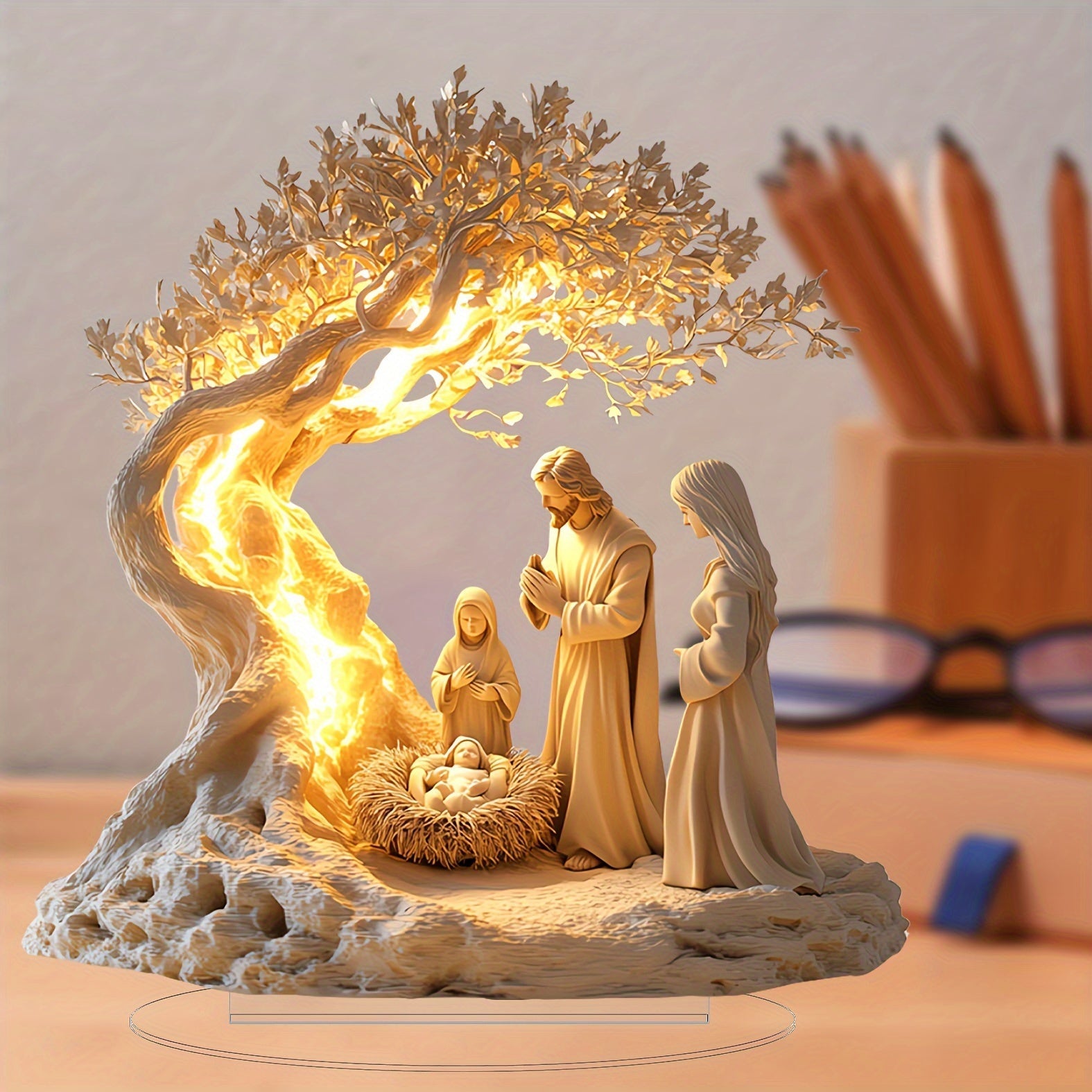 Classic acrylic nativity scene tabletop decor with illuminated tree, perfect for holiday decoration and versatile gifting.