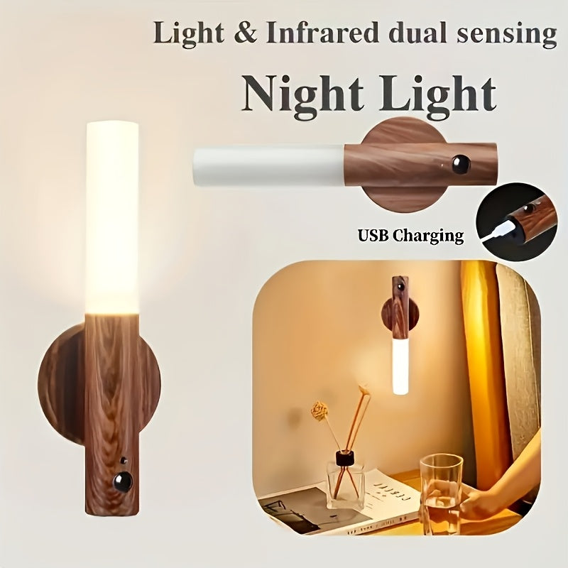 2pcs LED Wooden Sensor Night Light With Motion Sensor Wall Sconce, USB Rechargeable Dimmable 3 Color Temperature, Magnetic Mount For Bedroom Bedside, Closet, Cabinet, Staircase tableandwalllamps