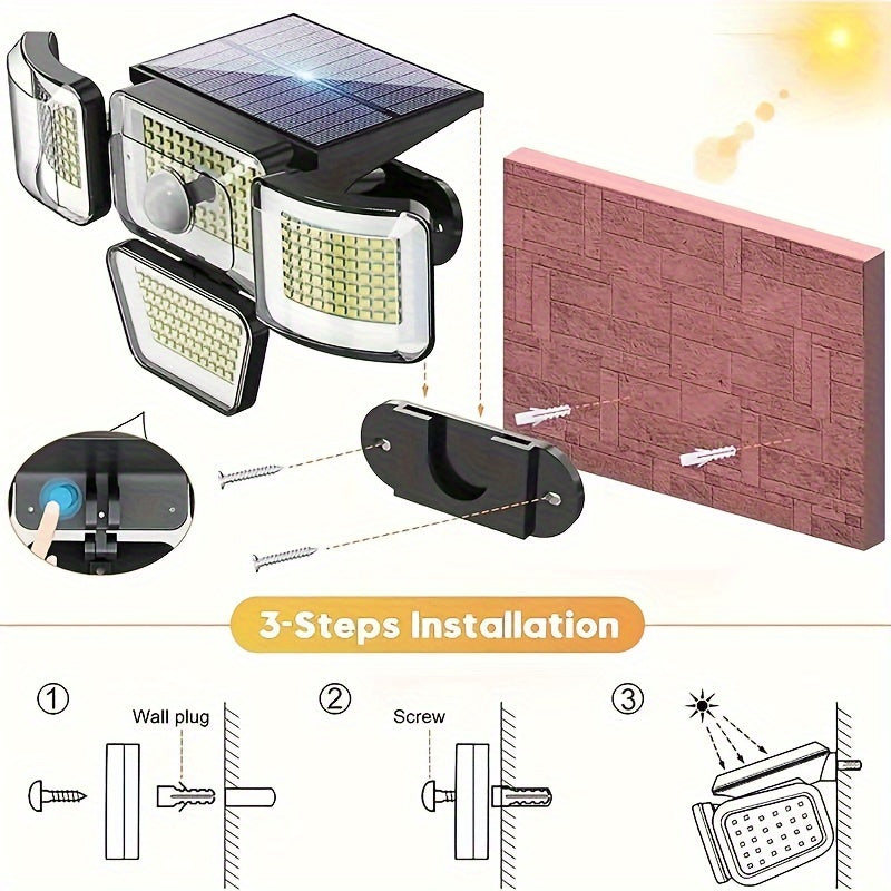 1pcs Solar Outdoor Light, 278LED 3000LM Motion Sensor Light 6500K Solar Light, 4 Heads Security Flood Light, 300° Wide Angle Wall Light With 3 Modes Suitable For Garden Yard Pathway Garage Street Light tableandwalllamps