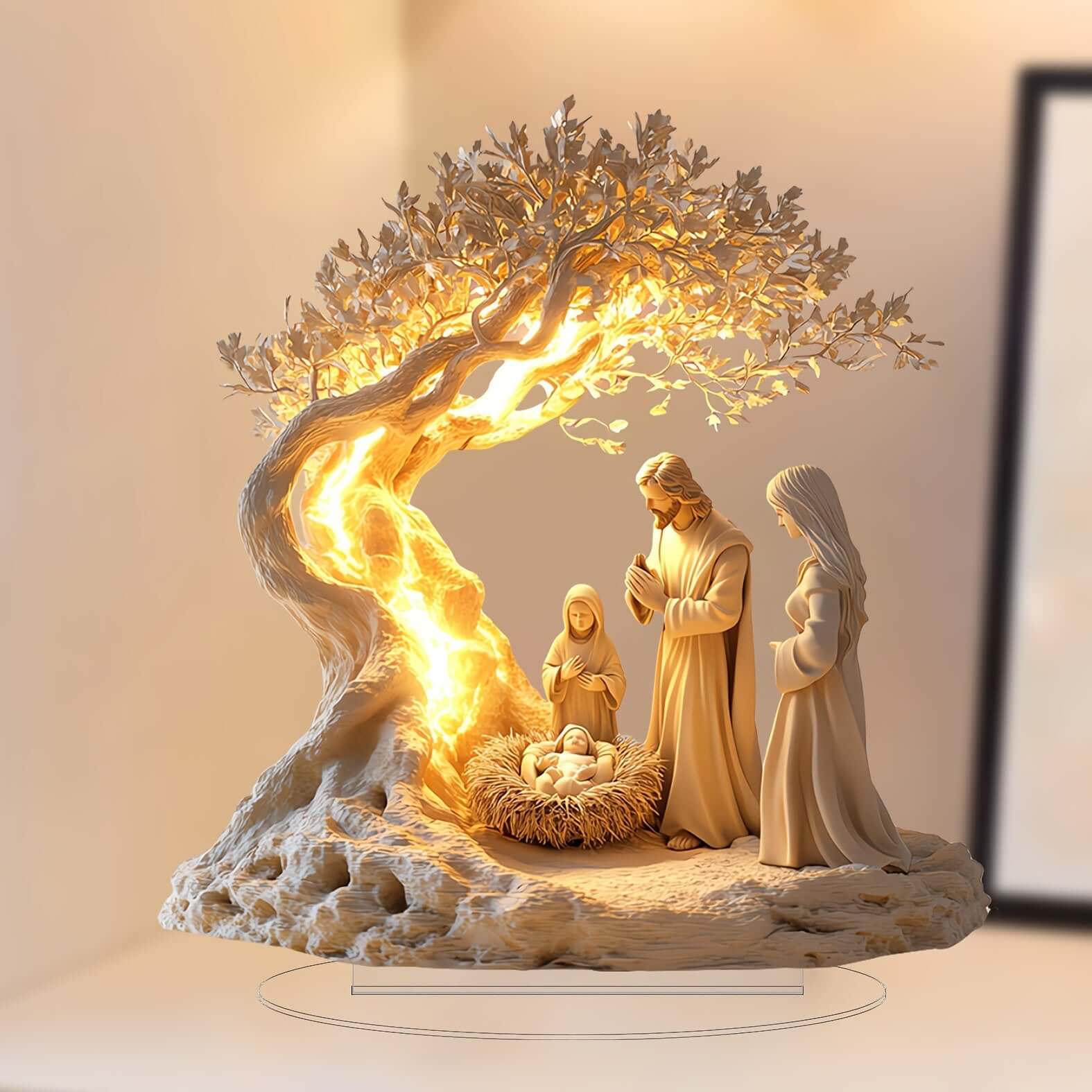 Classic acrylic nativity scene decor with illuminated tree, perfect for holiday tabletop display or as a thoughtful gift.