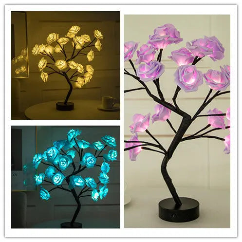 Rose Flower Lamp USB Battery Operated LED Table Lamp Bonsai Tree Night Lights Garland Bedroom Decoration Lights Home Decor tableandwalllamps