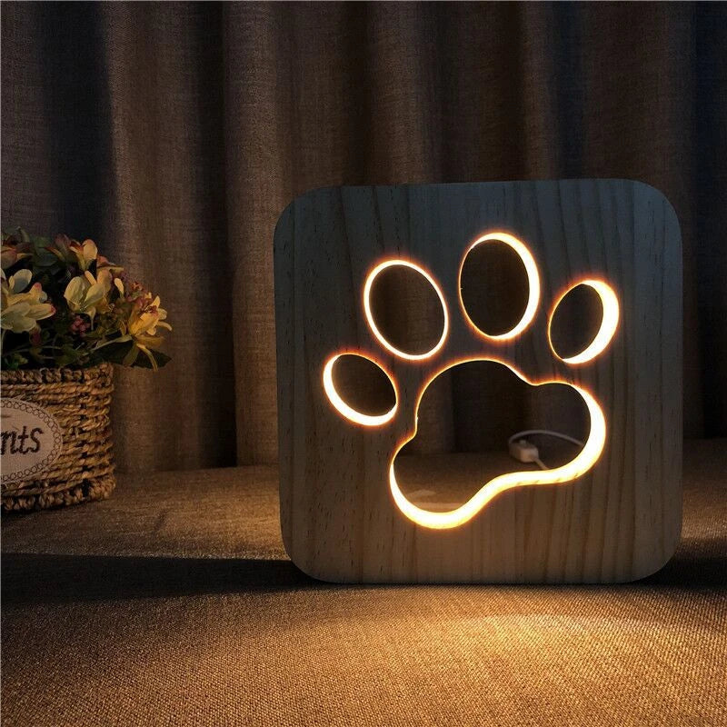 Acecorner LED USB Night Light Wooden Dog Paw Cat Wolf Head Animal Lamp Novelty Kid Bedroom 3D Decoration Table Lamp Children Gif tableandwalllamps