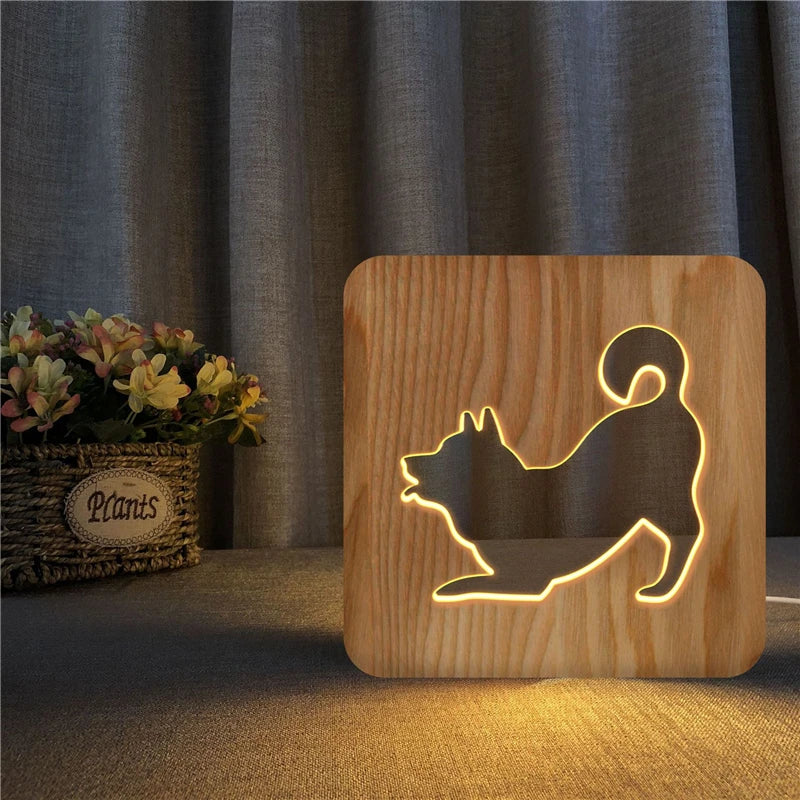 Acecorner LED USB Night Light Wooden Dog Paw Cat Wolf Head Animal Lamp Novelty Kid Bedroom 3D Decoration Table Lamp Children Gif tableandwalllamps