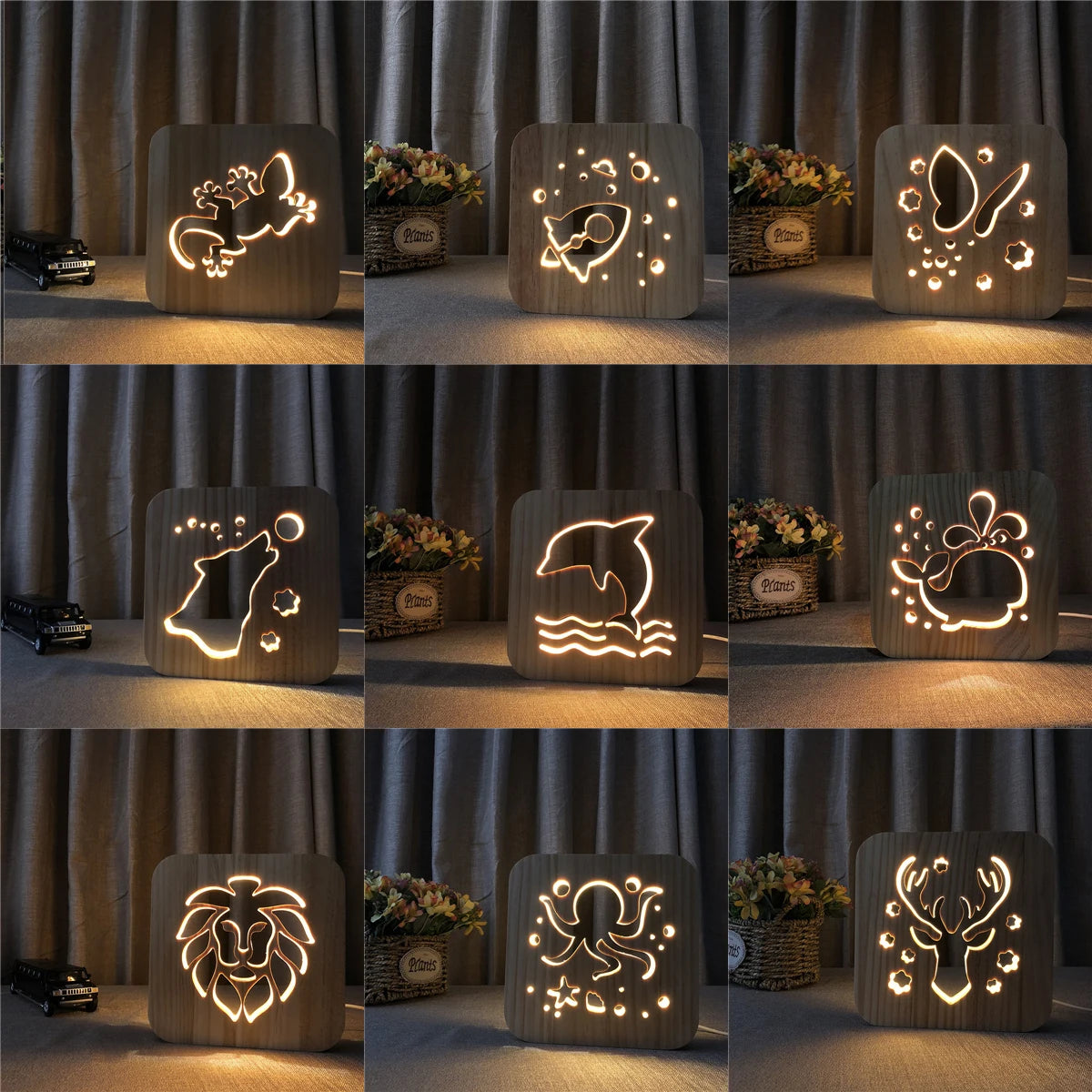 Acecorner LED USB Night Light Wooden Dog Paw Cat Wolf Head Animal Lamp Novelty Kid Bedroom 3D Decoration Table Lamp Children Gif tableandwalllamps