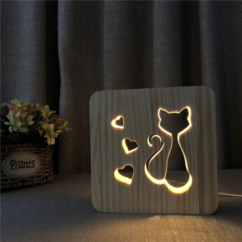 Acecorner LED USB Night Light Wooden Dog Paw Cat Wolf Head Animal Lamp Novelty Kid Bedroom 3D Decoration Table Lamp Children Gif tableandwalllamps