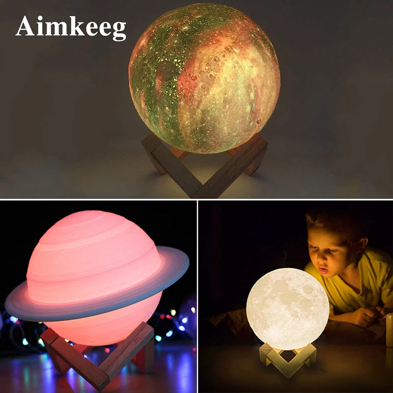 LED Saturn Lamp Starry Sky Night Light Colored Touch Type Rechargeable 3D Printed Moon Lamps for Room Decoration Christmas Gifts tableandwalllamps