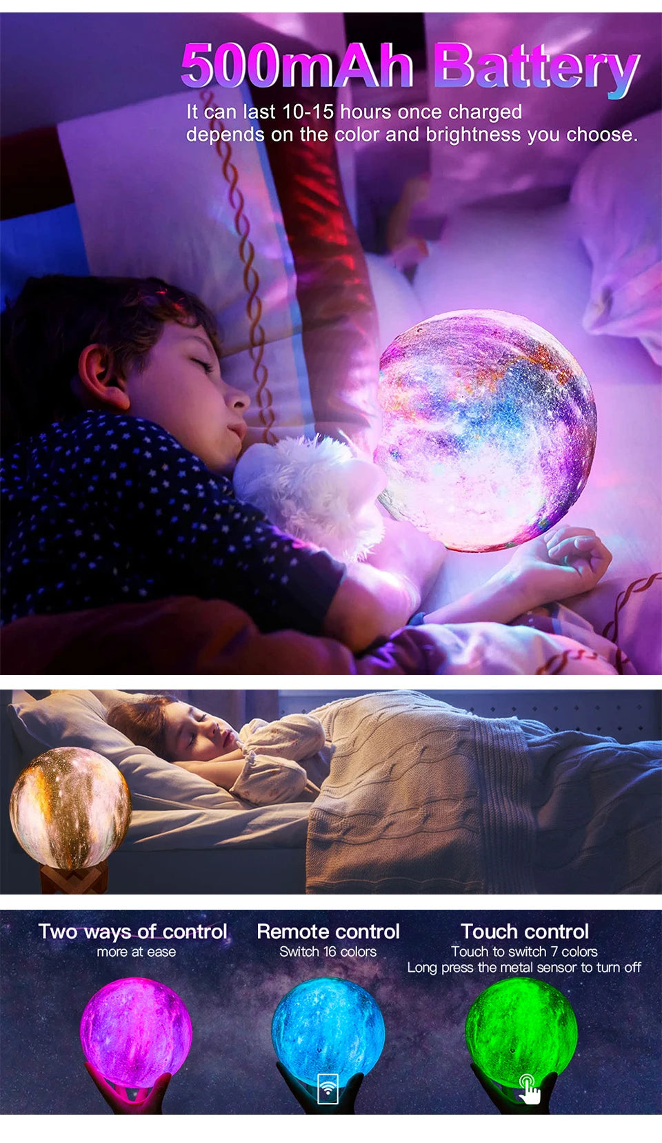 3D Printing Moon Galaxy Lamp Light 16 Color Change Touch And Remote Control Kids Night Light Bedroom Room Decor Home Gifts Lamp tableandwalllamps