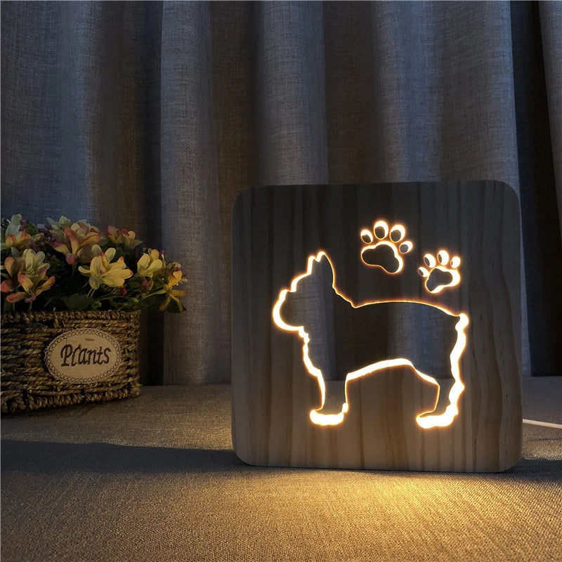 Acecorner LED USB Night Light Wooden Dog Paw Cat Wolf Head Animal Lamp Novelty Kid Bedroom 3D Decoration Table Lamp Children Gif tableandwalllamps