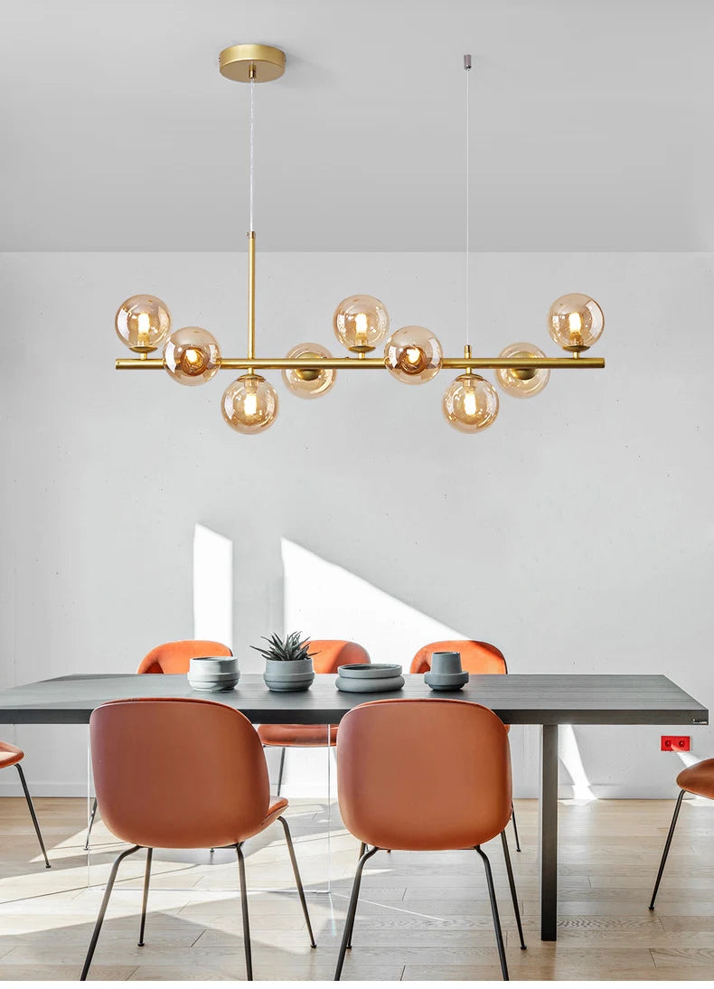 Nordic Modern LED Pendant Gold Light Glass Ball 11 Heads Hanging Lamp for Kitchen Living Dining Room Suspension Luminaire Design