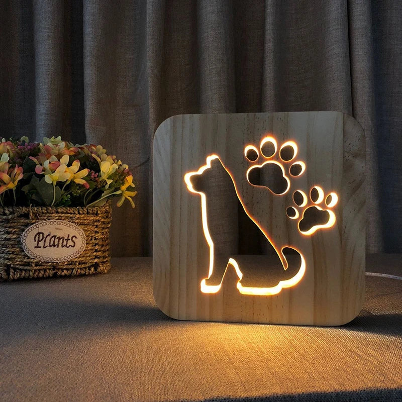 Acecorner LED USB Night Light Wooden Dog Paw Cat Wolf Head Animal Lamp Novelty Kid Bedroom 3D Decoration Table Lamp Children Gif tableandwalllamps