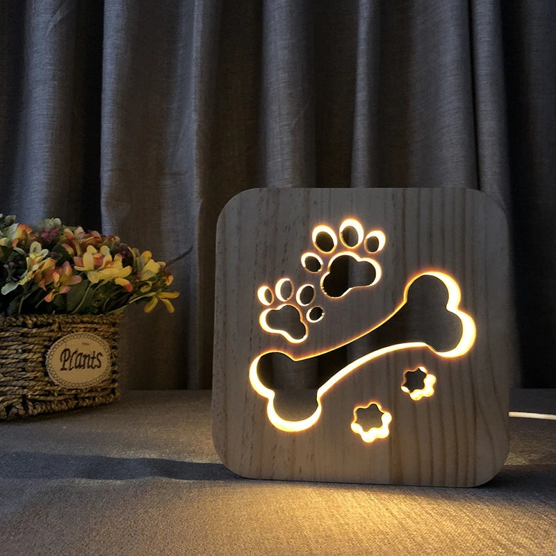 Acecorner LED USB Night Light Wooden Dog Paw Cat Wolf Head Animal Lamp Novelty Kid Bedroom 3D Decoration Table Lamp Children Gif tableandwalllamps