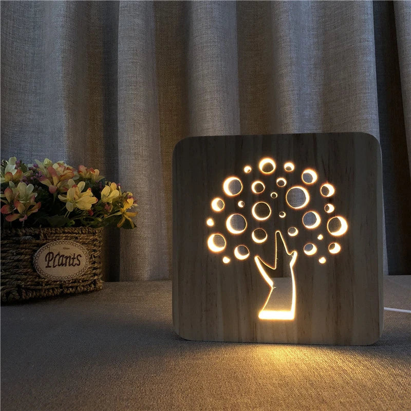 Acecorner LED USB Night Light Wooden Dog Paw Cat Wolf Head Animal Lamp Novelty Kid Bedroom 3D Decoration Table Lamp Children Gif tableandwalllamps