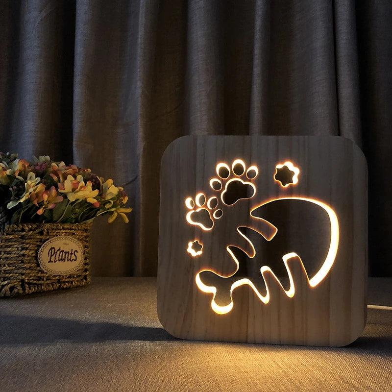 Acecorner LED USB Night Light Wooden Dog Paw Cat Wolf Head Animal Lamp Novelty Kid Bedroom 3D Decoration Table Lamp Children Gif tableandwalllamps