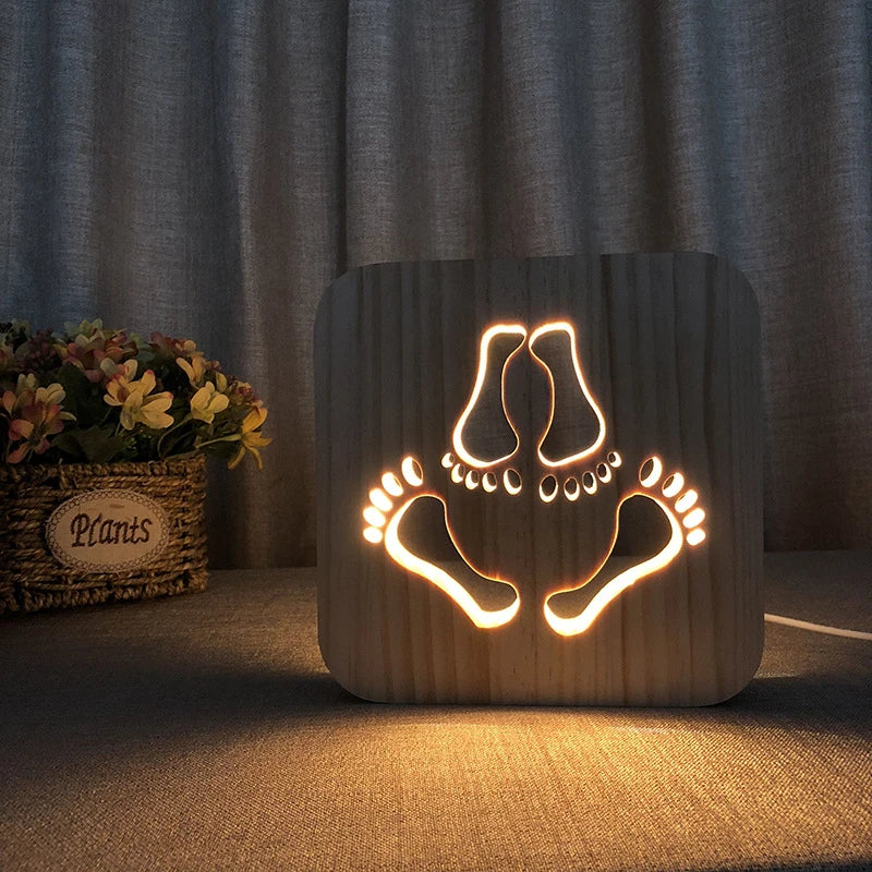 Acecorner LED USB Night Light Wooden Dog Paw Cat Wolf Head Animal Lamp Novelty Kid Bedroom 3D Decoration Table Lamp Children Gif tableandwalllamps