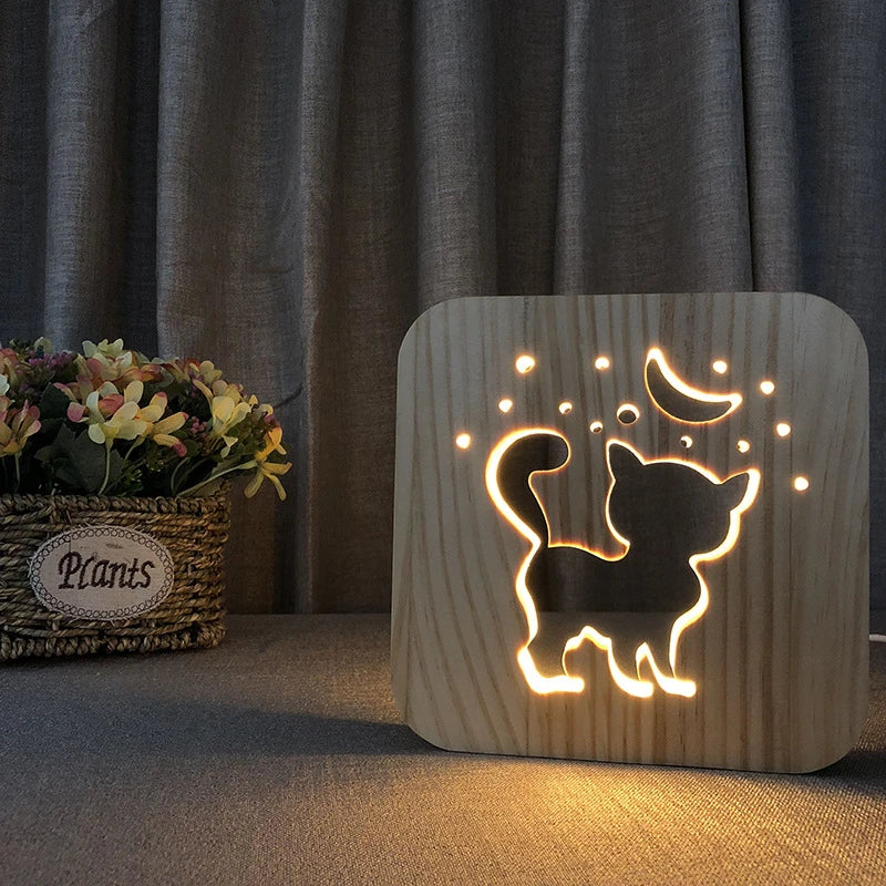 Acecorner LED USB Night Light Wooden Dog Paw Cat Wolf Head Animal Lamp Novelty Kid Bedroom 3D Decoration Table Lamp Children Gif tableandwalllamps