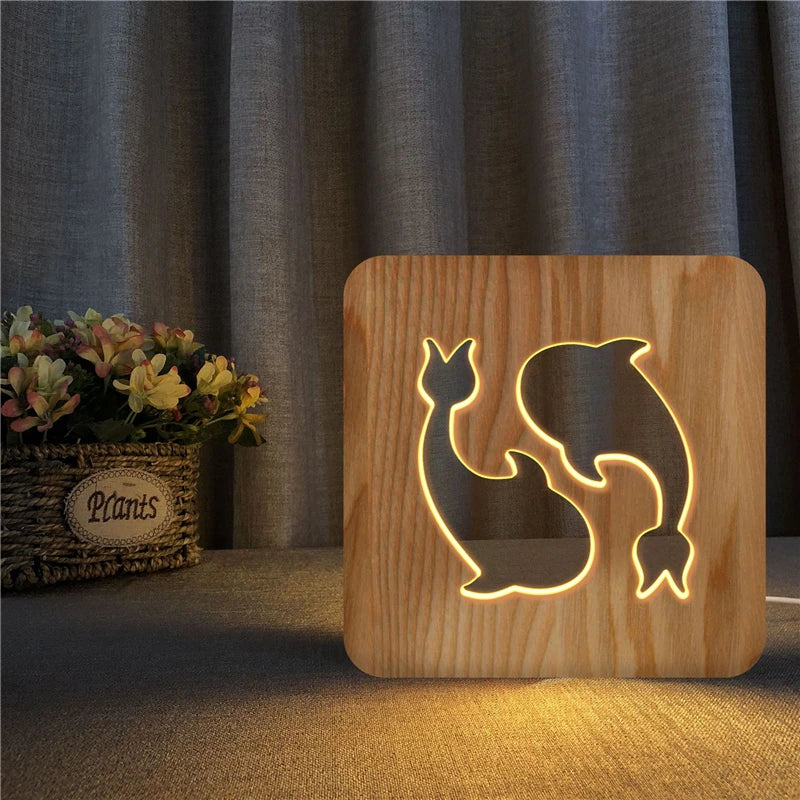 Acecorner LED USB Night Light Wooden Dog Paw Cat Wolf Head Animal Lamp Novelty Kid Bedroom 3D Decoration Table Lamp Children Gif tableandwalllamps