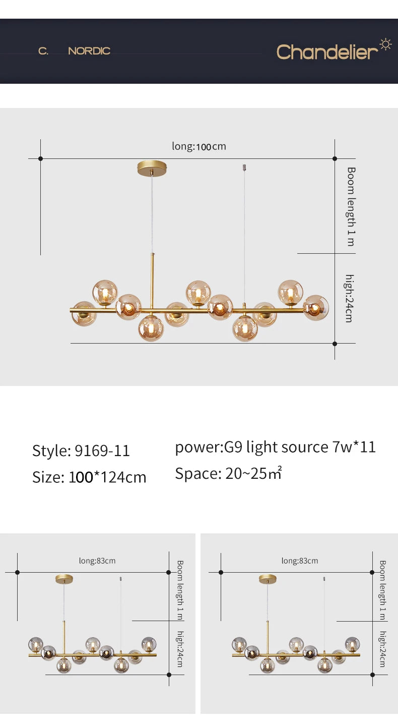 Nordic Modern LED Pendant Gold Light Glass Ball 11 Heads Hanging Lamp for Kitchen Living Dining Room Suspension Luminaire Design