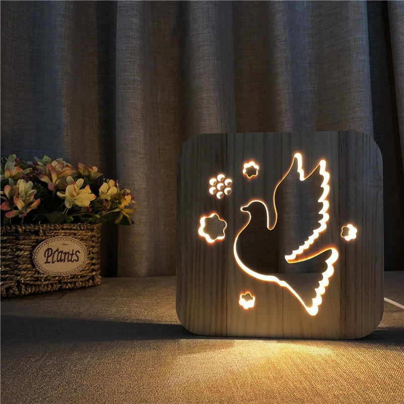 Acecorner LED USB Night Light Wooden Dog Paw Cat Wolf Head Animal Lamp Novelty Kid Bedroom 3D Decoration Table Lamp Children Gif tableandwalllamps