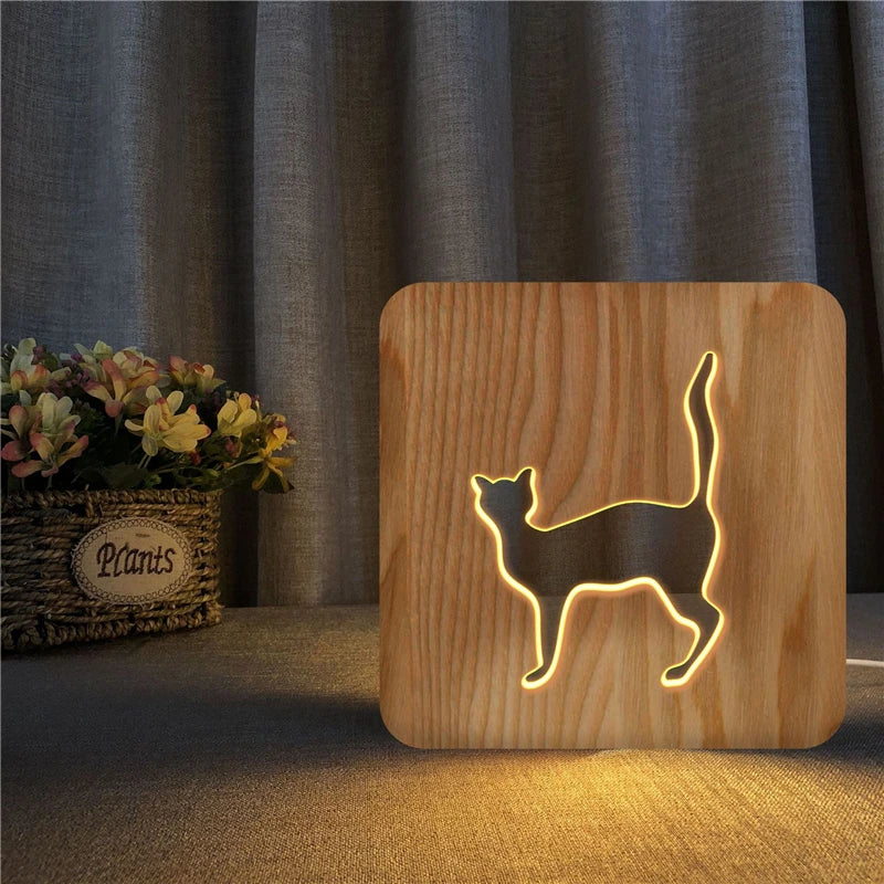 Acecorner LED USB Night Light Wooden Dog Paw Cat Wolf Head Animal Lamp Novelty Kid Bedroom 3D Decoration Table Lamp Children Gif tableandwalllamps