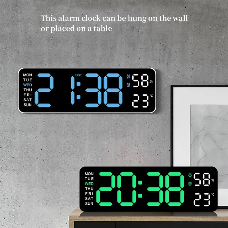 9 Inch Large Digital Wall Clock USB Powered TEMP Humidity Week Auto Dimmer DST Table Clock 12/24H Electronic LED Alarm Clock tableandwalllamps