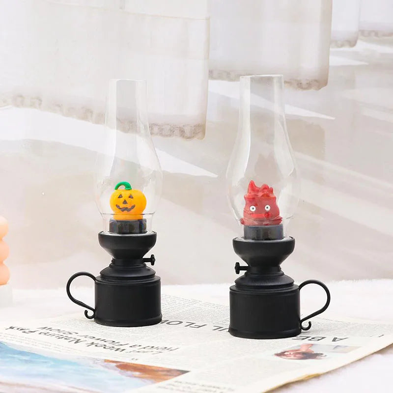 Calcifer Flameless Night Light Halloween Retro Decorative Candle Light Cartoon Anime Kerosene Lamp Bedroom Bedside Table Lamp tableandwalllamps