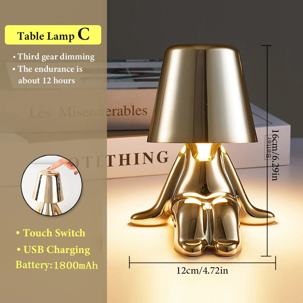 Little Retro ThinkeGolden Man Night Light Bedroom charging Resin Led Touch Control Table Lamp Coffee Bar Decor Cartoon Desk Lamp tableandwalllamps