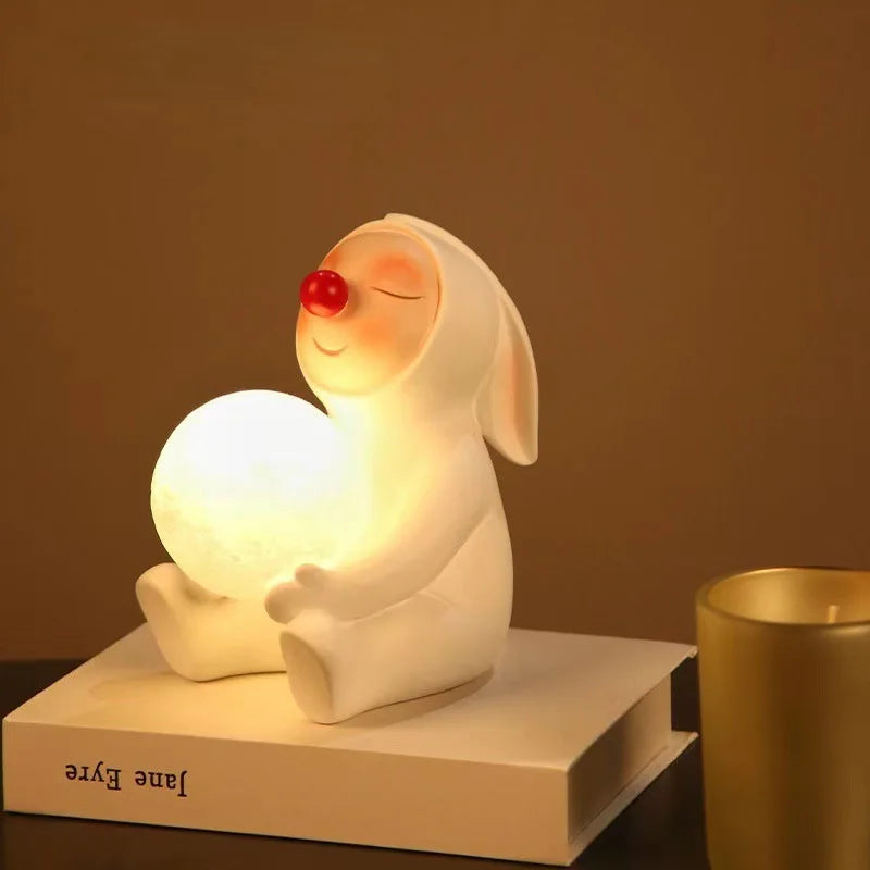 Nordic Cute Rabbit Lamp Bunny Light Table Decoration Nightlight Moon Nightlamp  Resin Bedroom Decor Eye Protection Yellow Led tableandwalllamps