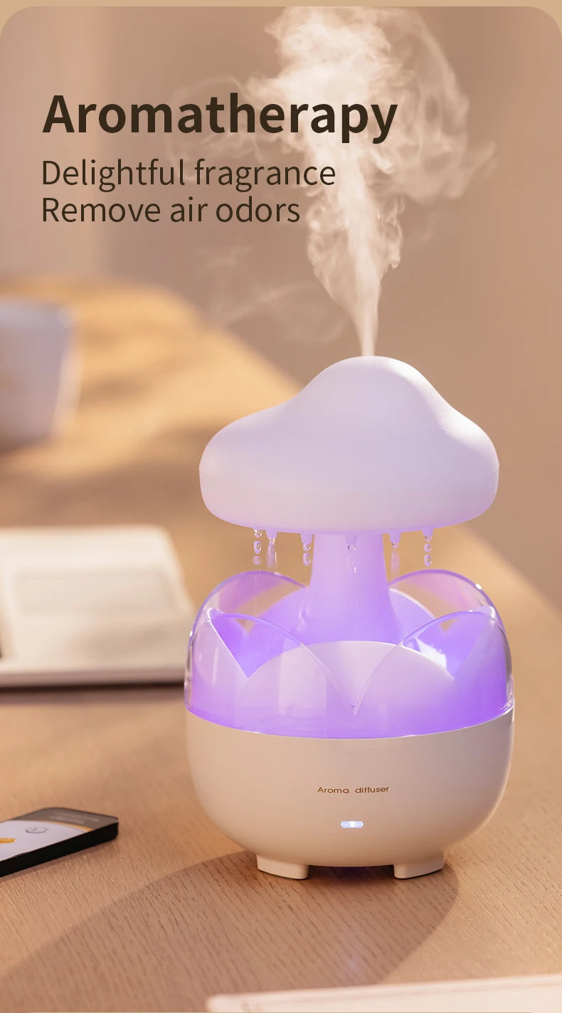 Mushroom Raindrop Air Humidifier Electric Aroma Diffuser Colorful Night Lights Rain Cloud Smell Distributor with Remote Control tableandwalllamps