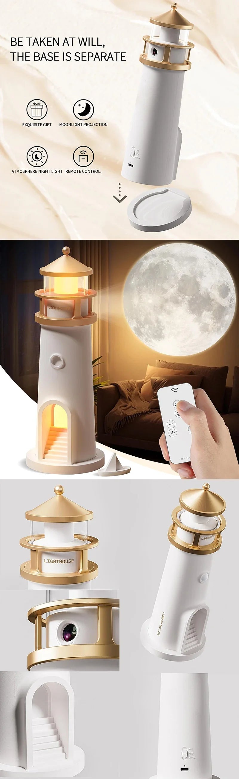 Lighthouse Night Lights Remote Control Moonlight Projection Lamp Magnetic Camping Lamps Bluetooth Music Dimmable Ambient Light tableandwalllamps