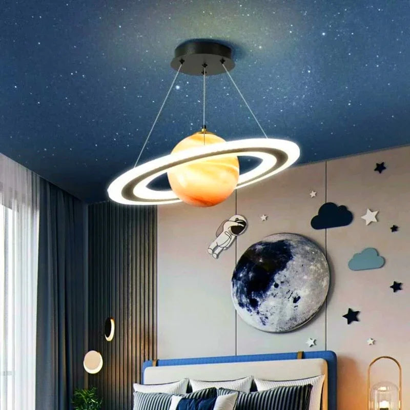 Modern LED Acrylic Planet Pendant Light Children Room Space Star Chandeliers Living  Bedroom Kitchen Indoor Hanging Lighting