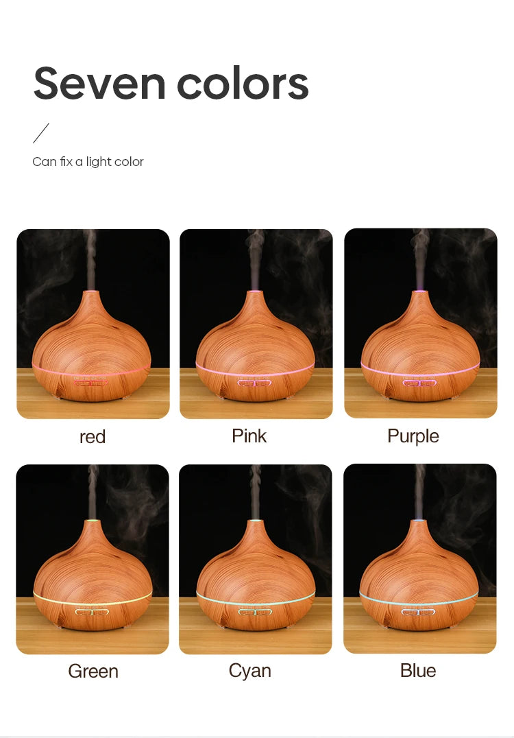 High Quality 500ml Aromatherapy Essential Oil Diffuser Wood Grain Remote Control Ultrasonic Air Humidifier with 7 Colors Light tableandwalllamps