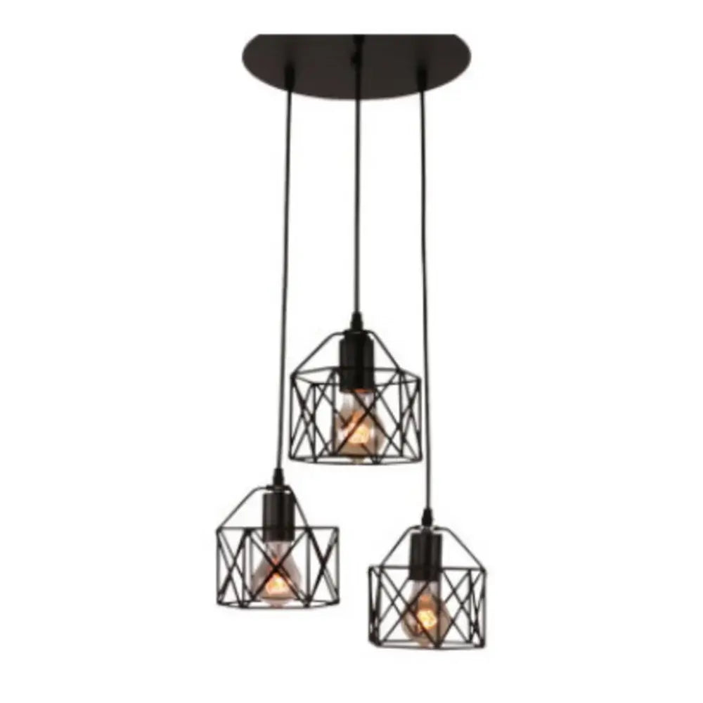 Nordic modern pendant light fixture with three black metal wire cage shades, perfect for dining or bar area.