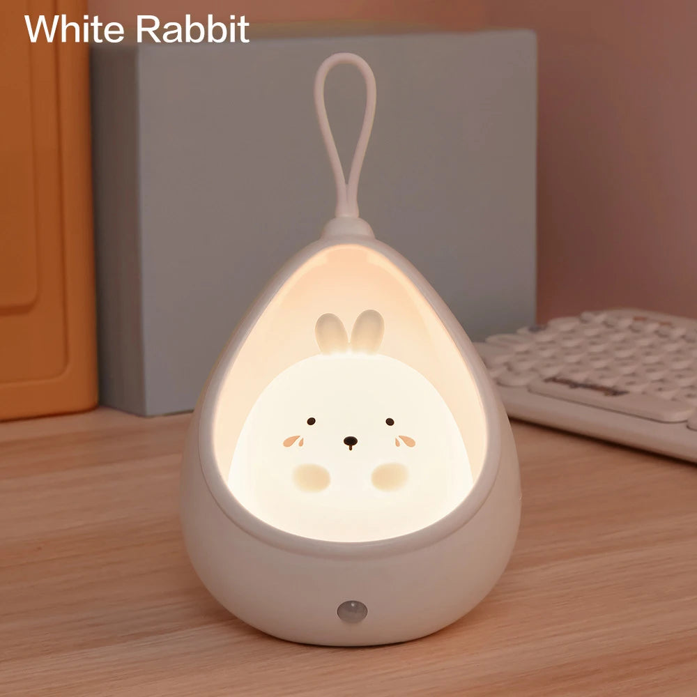 Kids Gift Portable USB Rechargeable Warm White Cute Little Rabbit Cat Motion Sensor LED Wall Night Lamp Light with Hanging Rope tableandwalllamps