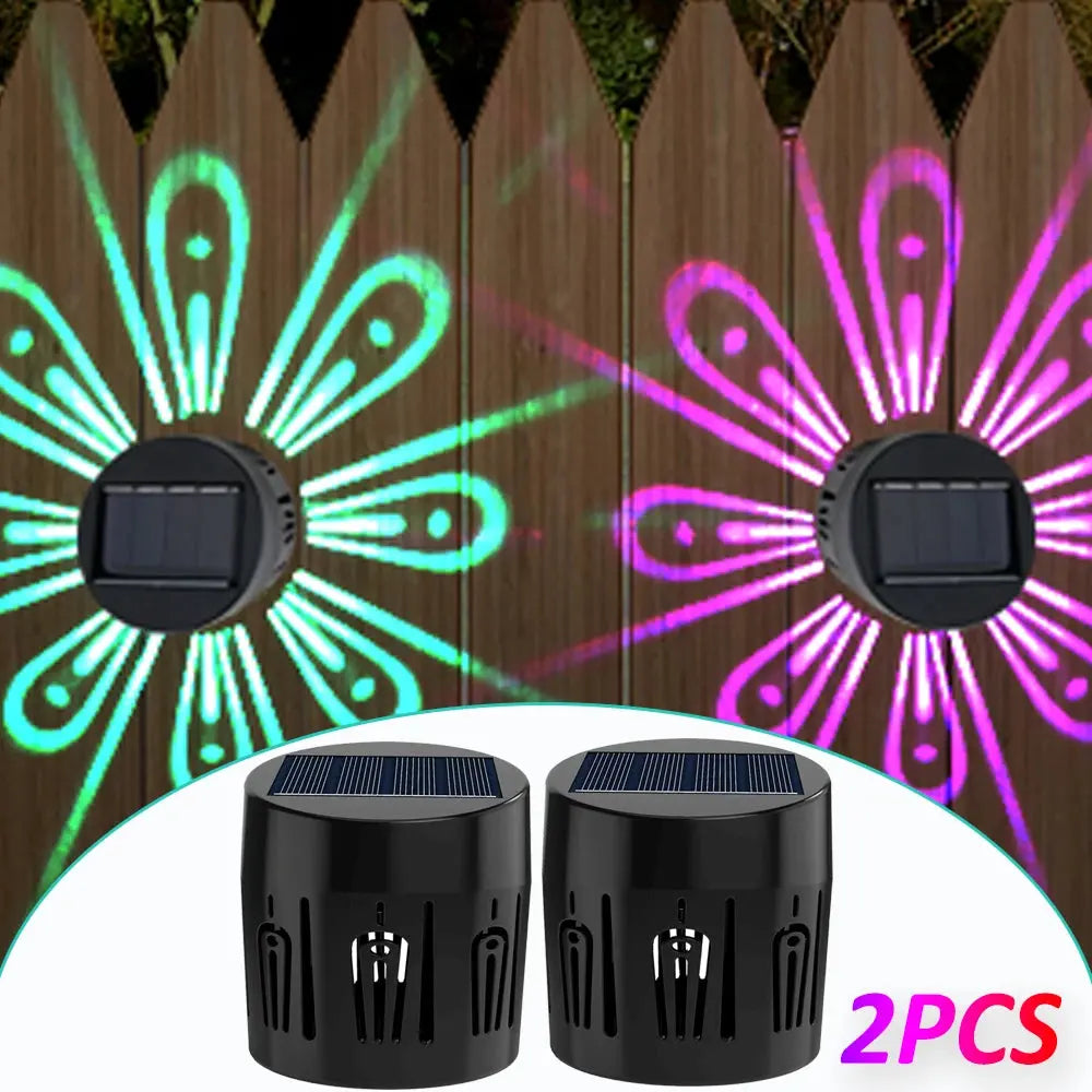 2pcs Fence Lights Outdoor Solar projects Beautiful Patterns ABS Black RGB WW LED Solar Lamp Waterproof for Festive Decorations tableandwalllamps