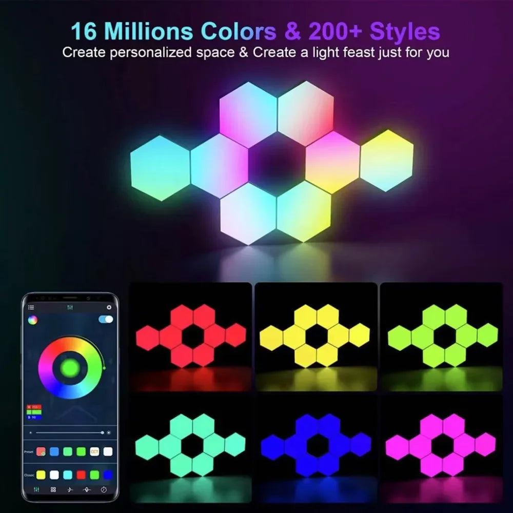 RGB Intelligent Hexagonal Wall Lamp Color-changing Ambient Night Light DYI Shape Music Rhythm APP Control For Game Room Bedroom tableandwalllamps