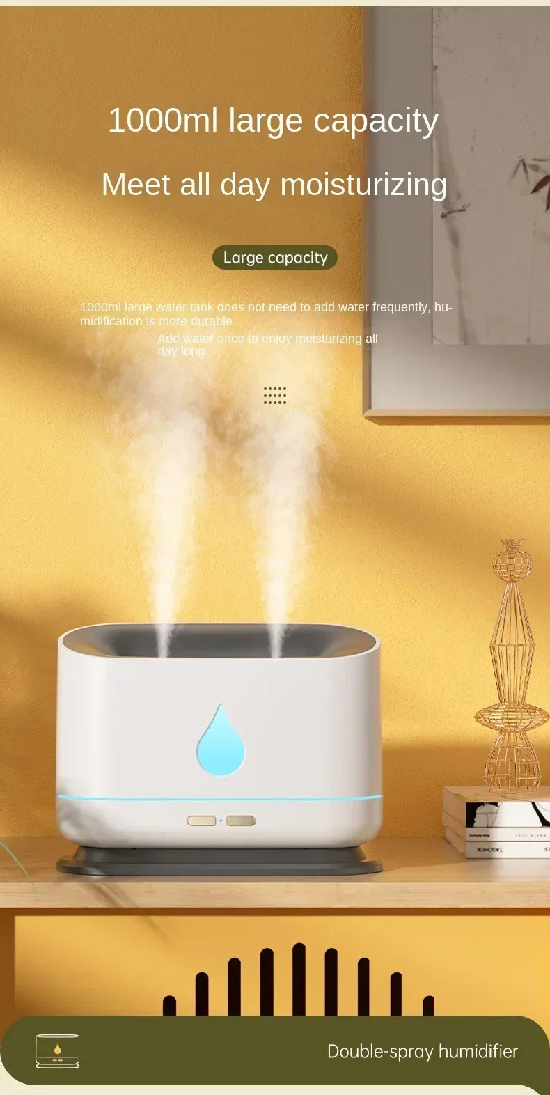 1000ML Ultrasonic Air Humidifier Aromatherapy Humidifiers Diffusers Wireless Double Spray Home Bedroom Essential Oils Diffuser tableandwalllamps