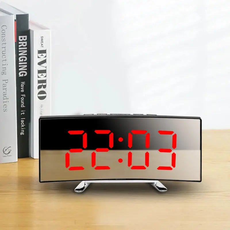 Creative Curved Electronic Clock, LED Large Screen Plug-in Battery Dual-purpose Mirror Alarm Clock, Student Bedroom Dedicated tableandwalllamps