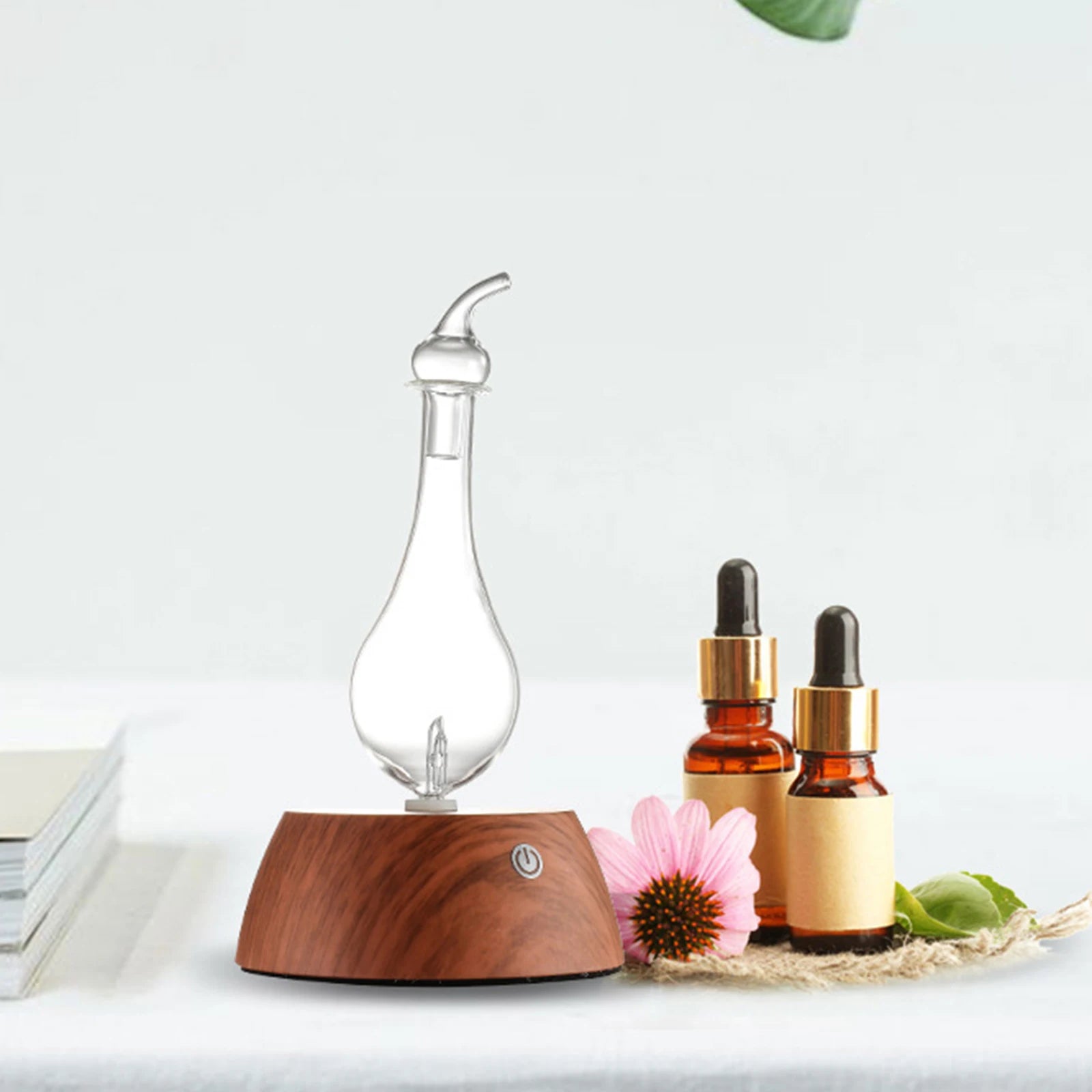 50ML Air Humidifier Mini Aromatherapy Diffuser Essential Oil Atomizer Cold Spray Wood Base Glass Reservoir for Home Office Yoga tableandwalllamps