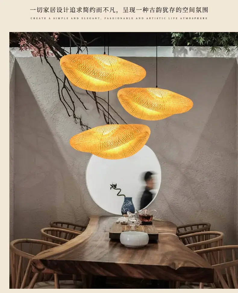 Bamboo Hand Weaving Pendant Light 38cm Hanging LED Ceiling Lamp Chandelier Fixture Rattan Hand Craft Woven Home Bedroom Decor