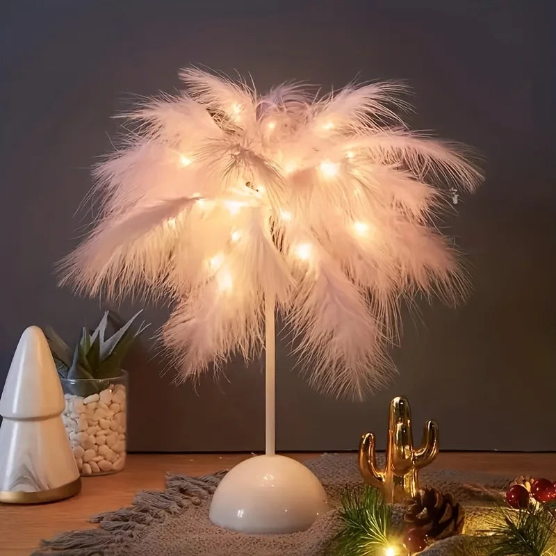 Creative Feather Table Lamp Warm White Light Tree Feather Lampshade Girl LED Wedding Decorative Lights Birthday Gift Home Decor tableandwalllamps