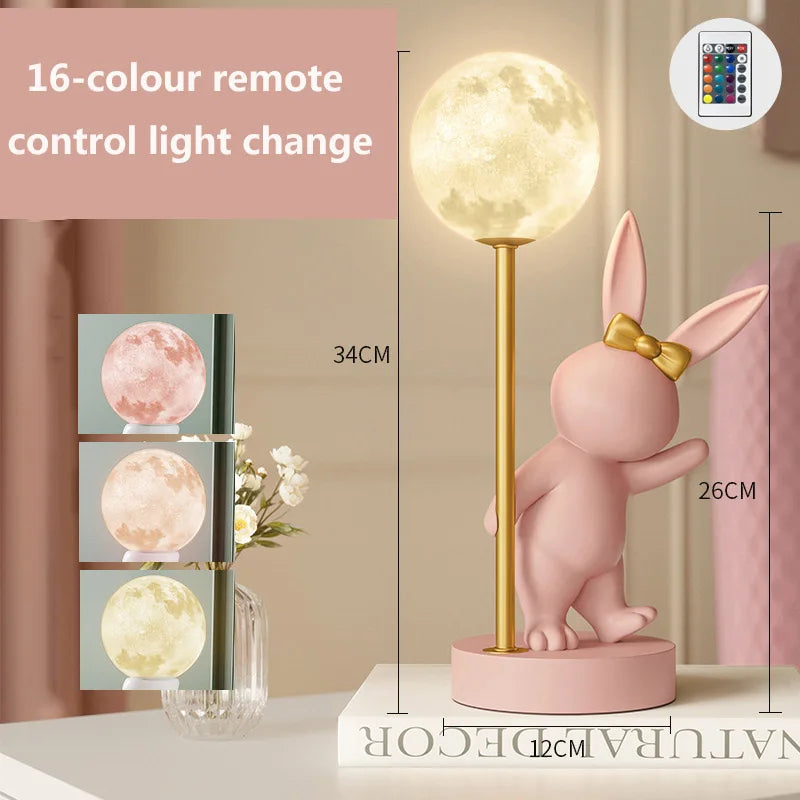 Nordic Pink Rabbit Table Lamp Atmosphere Night Light Luxury Birthday Wedding Gift Nightlights Ins Cute Bunny Bedroom Decoration tableandwalllamps