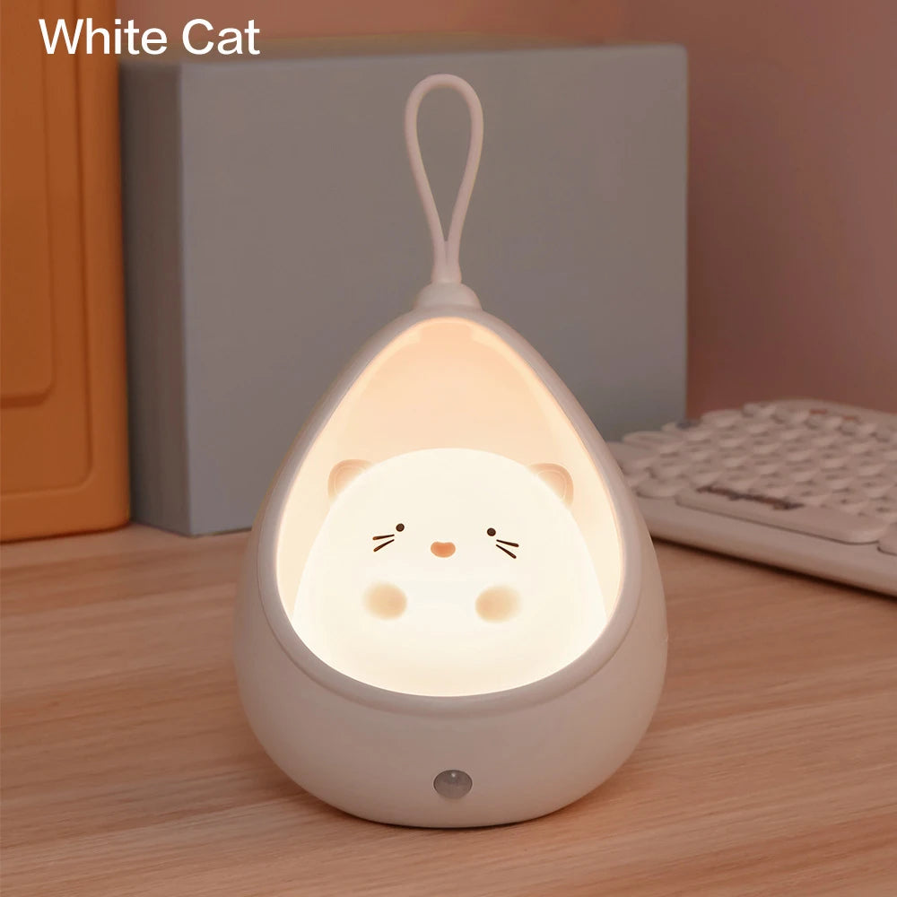 Kids Gift Portable USB Rechargeable Warm White Cute Little Rabbit Cat Motion Sensor LED Wall Night Lamp Light with Hanging Rope tableandwalllamps