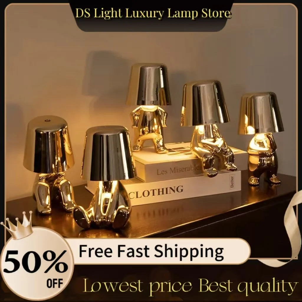 Little Retro ThinkeGolden Man Night Light Bedroom charging Resin Led Touch Control Table Lamp Coffee Bar Decor Cartoon Desk Lamp tableandwalllamps