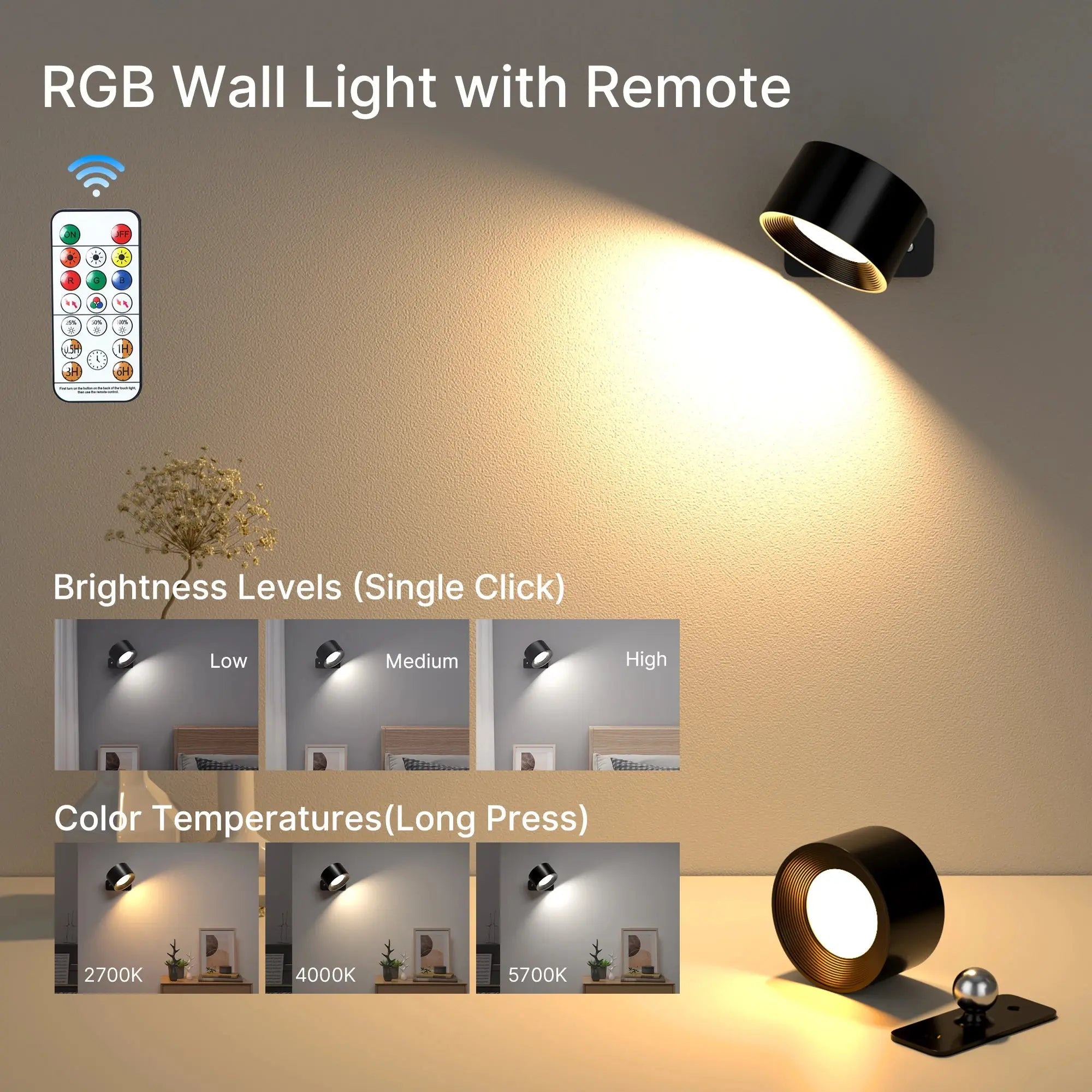 LED Wall Sconce 19 RGB Colors Dimmable, Rechargeable Wall Sconces Battery Operated Picture Light, Touch & Remote Control, 360° R tableandwalllamps